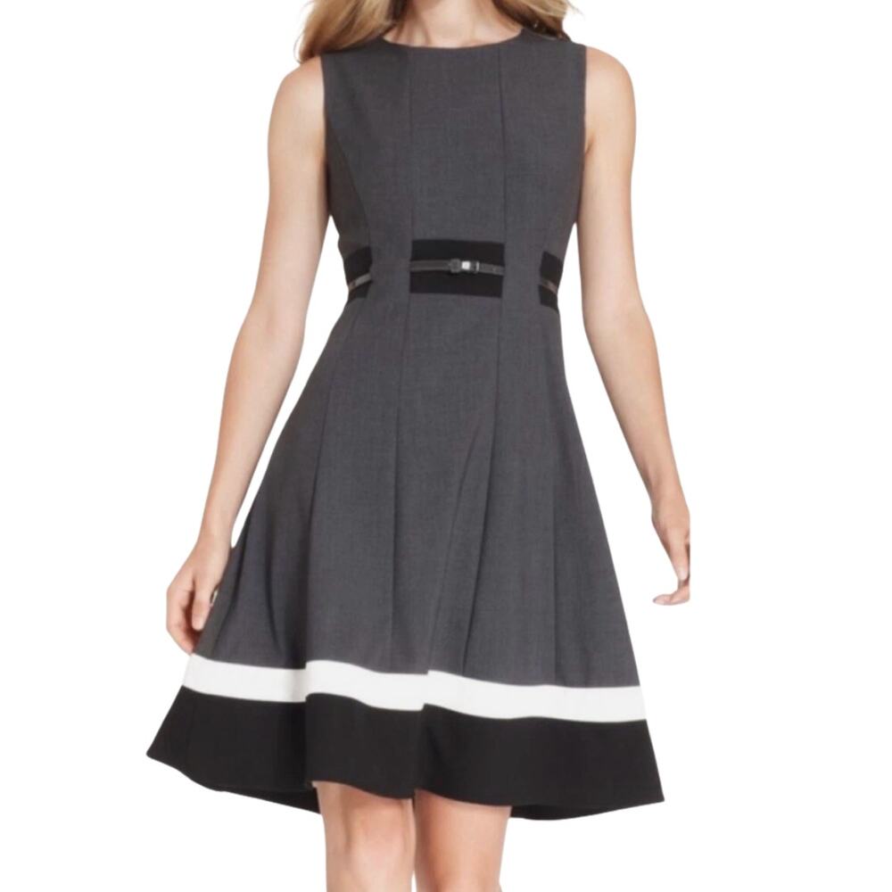 Calvin Klein Grey Fit & Flare Dress Border Stripe ALine Knee Length Sz 8 no belt